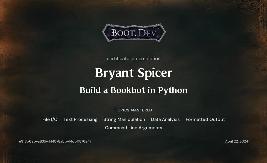 Bryant Spicer's Boot.dev Build a BookBot in Python certificate
