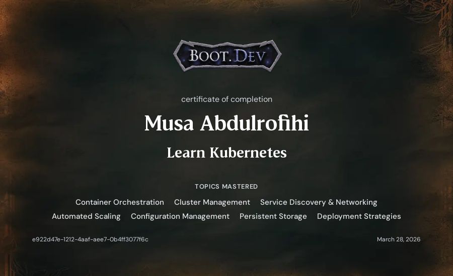 Musa Abdulrofihi's Boot.dev Learn Kubernetes certificate