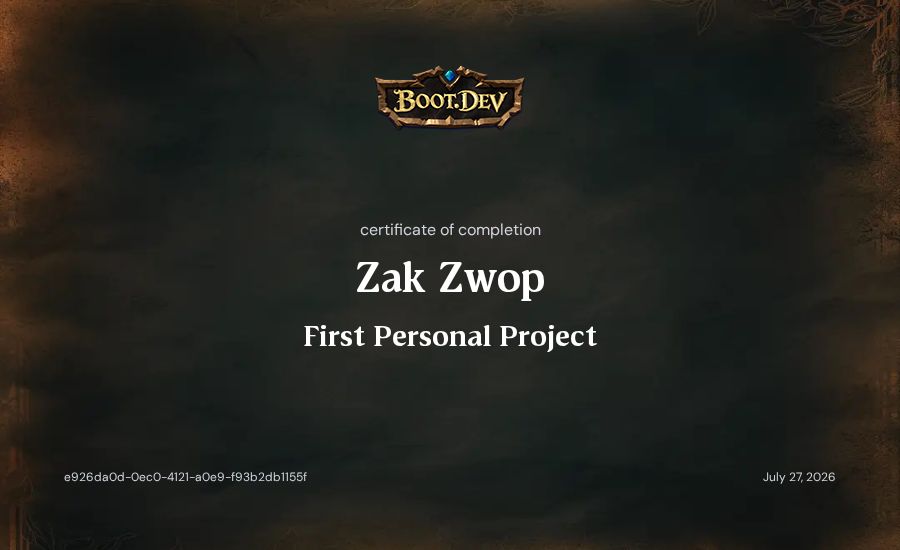 Zak Zwop's Boot.dev First Personal Project certificate
