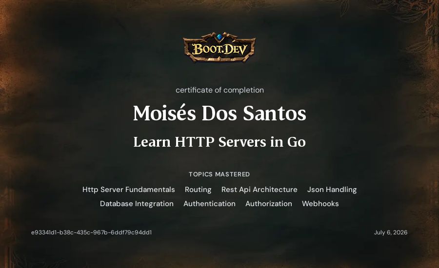 Moisés Dos Santos's Boot.dev Learn HTTP Servers in Go certificate