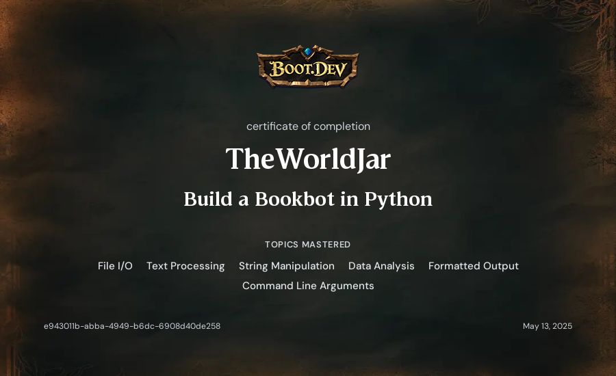 TheWorldJar's Boot.dev Build a BookBot in Python certificate
