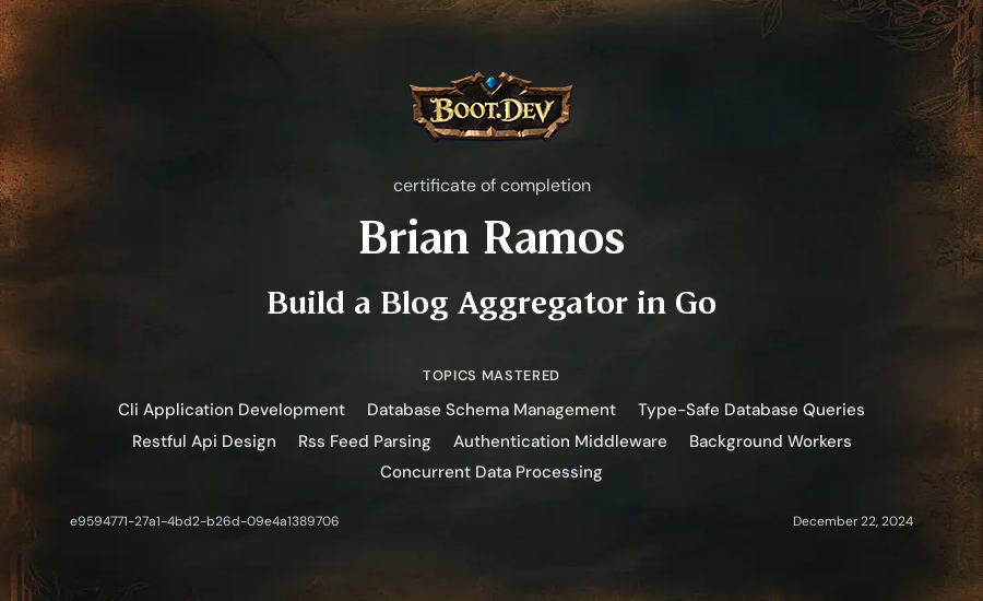 Brian Ramos's Boot.dev Build a Blog Aggregator in Go certificate