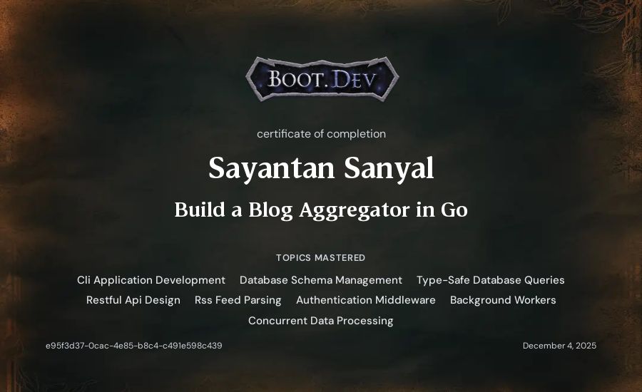Sayantan Sanyal's Boot.dev Build a Blog Aggregator in Go certificate