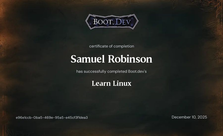 Samuel Robinson's Boot.dev Learn Linux certificate