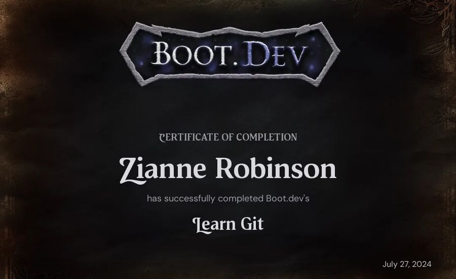 Zianne Robinson's Boot.dev Learn Git certificate