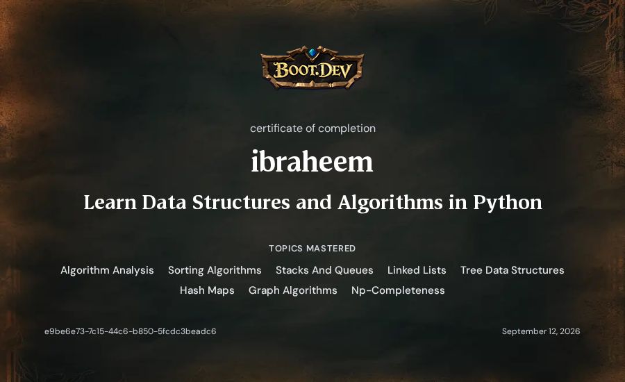 ibraheem's Boot.dev Learn Data Structures and Algorithms in Python certificate