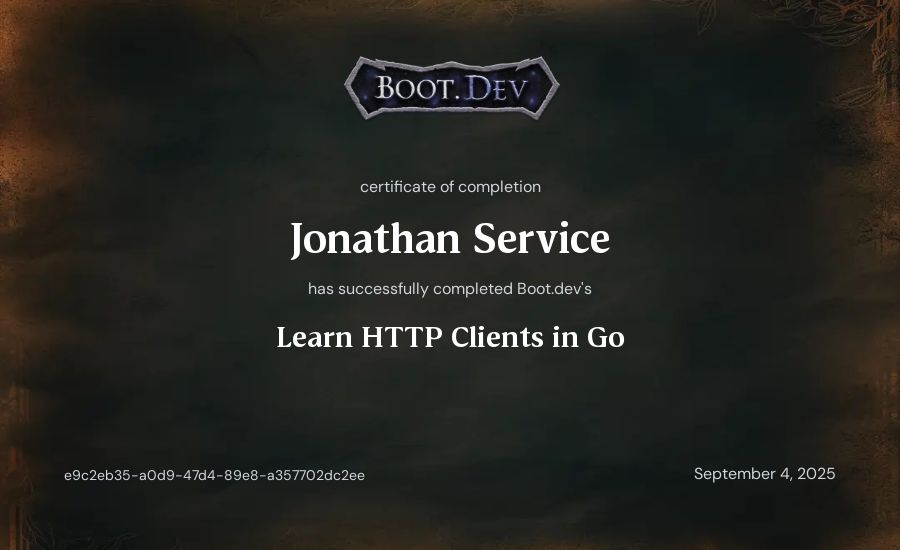 Jonathan Service's Boot.dev Learn HTTP Clients in Go certificate