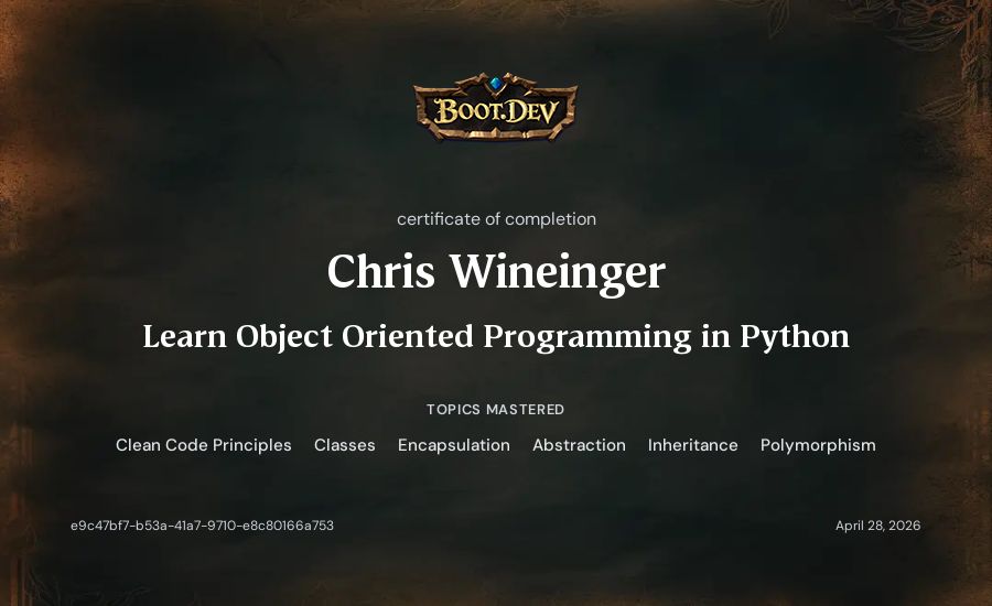 Chris Wineinger's Boot.dev Learn Object Oriented Programming in Python certificate