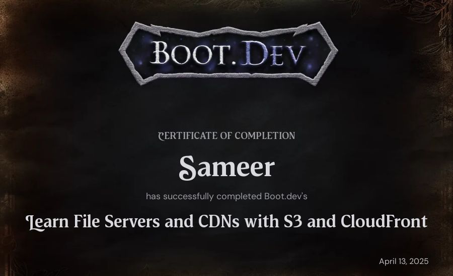 Sameer's Boot.dev Learn File Servers and CDNs with S3 and CloudFront certificate