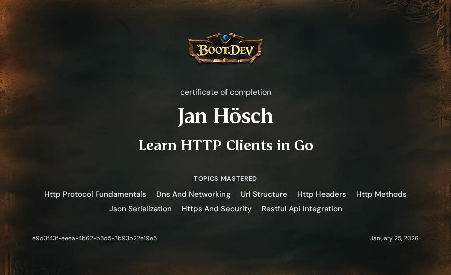 Jan Hösch's Boot.dev Learn HTTP Clients in Go certificate