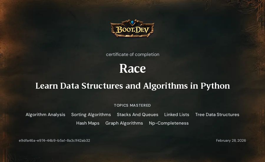 Race's Boot.dev Learn Data Structures and Algorithms in Python certificate