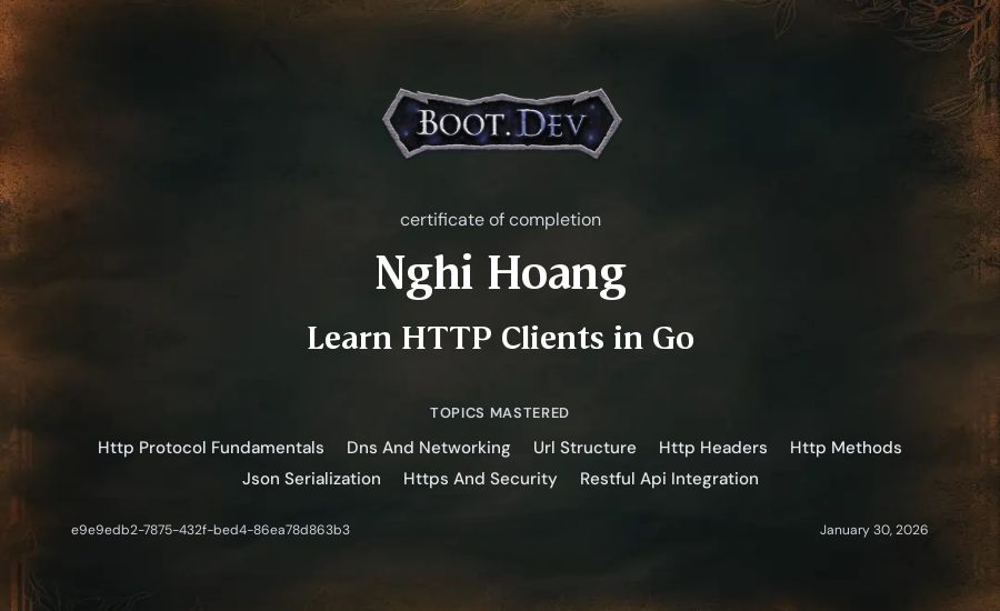 Nghi Hoang's Boot.dev Learn HTTP Clients in Go certificate