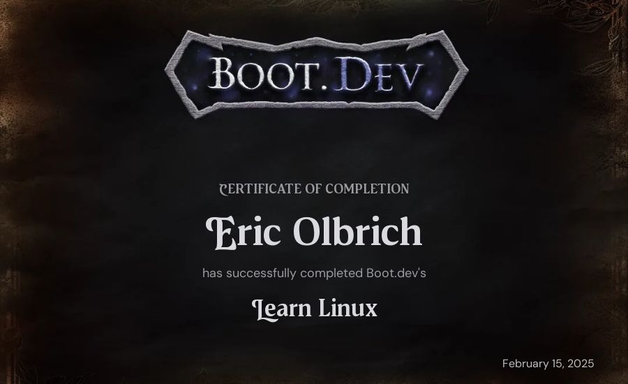 Eric Olbrich's Boot.dev Learn Linux certificate