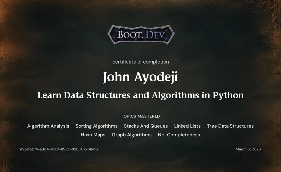 John Ayodeji's Boot.dev Learn Data Structures and Algorithms in Python certificate