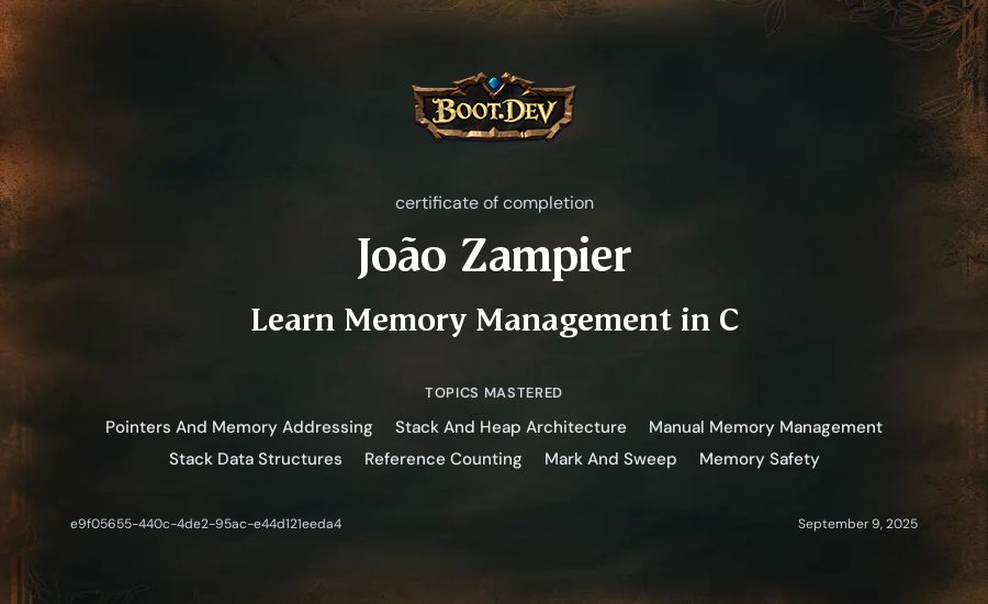 João Zampier's Boot.dev Learn Memory Management in C certificate