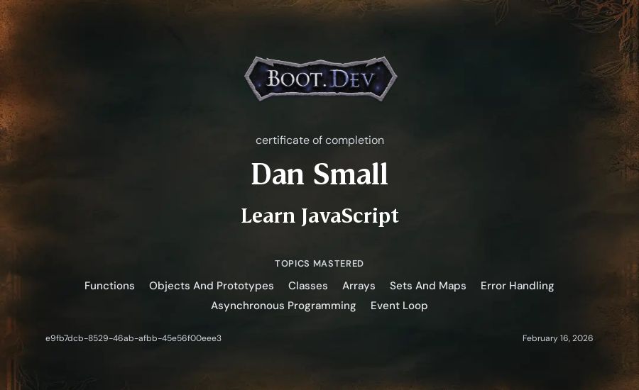 Dan Small's Boot.dev Learn JavaScript certificate