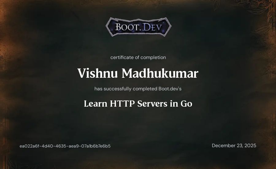 Vishnu Madhukumar's Boot.dev Learn HTTP Servers in Go certificate