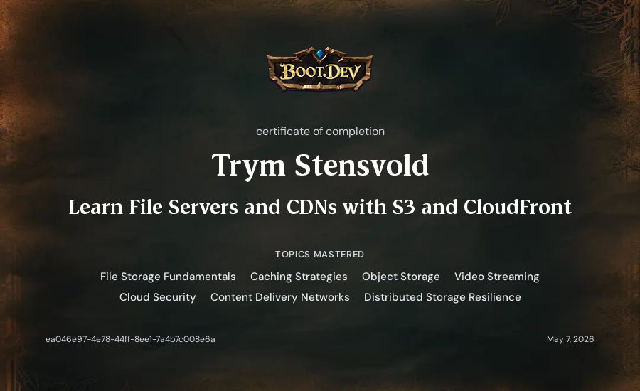 Trym Stensvold's Boot.dev Learn File Servers and CDNs with S3 and CloudFront certificate