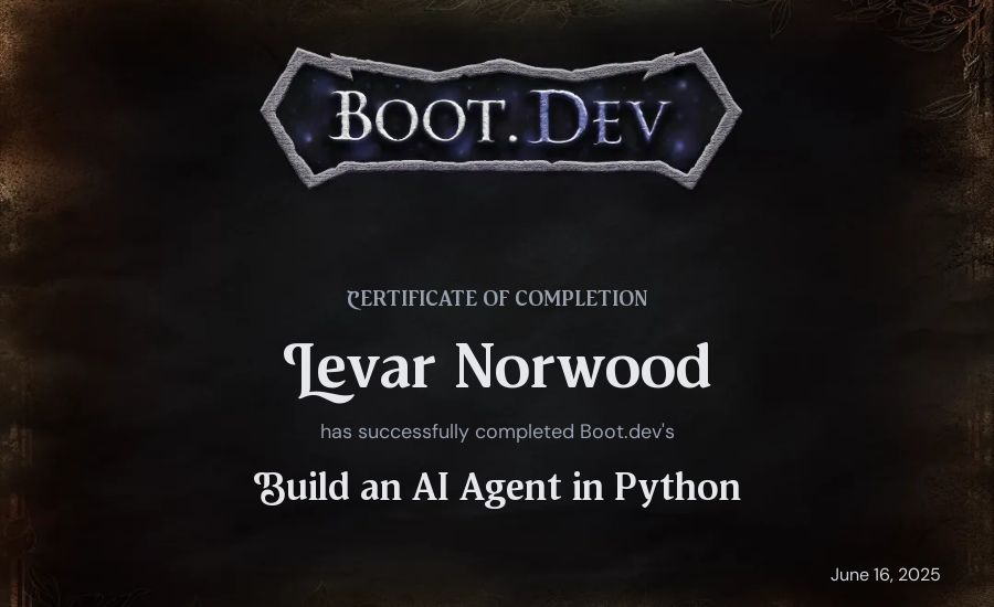 Levar's Boot.dev Build an AI Agent in Python certificate