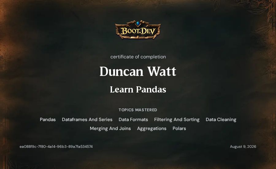 Duncan Watt's Boot.dev Learn Pandas certificate