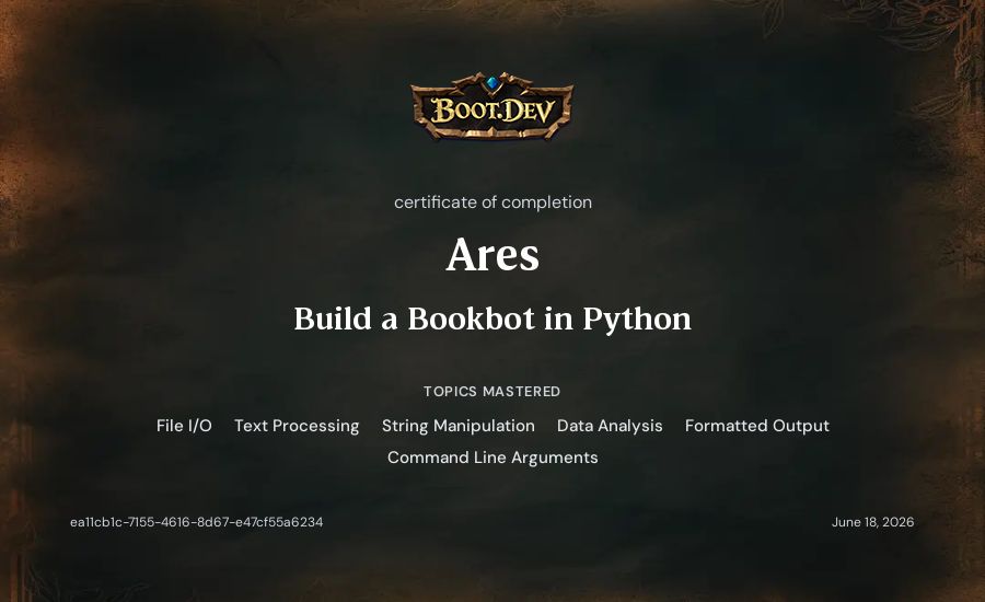 Ares's Boot.dev Build a BookBot in Python certificate