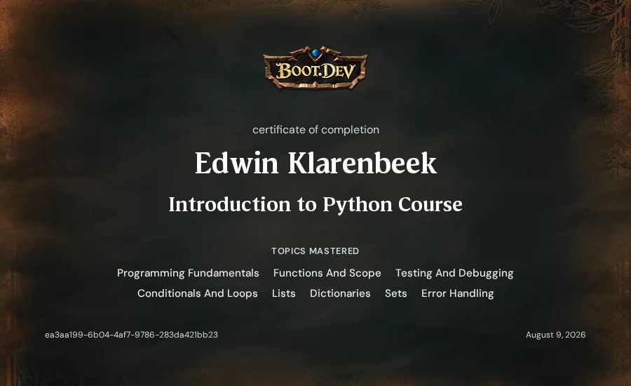 Edwin Klarenbeek's Boot.dev Introduction to Python Course certificate