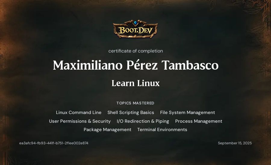 Maximiliano Pérez Tambasco's Boot.dev Learn Linux certificate