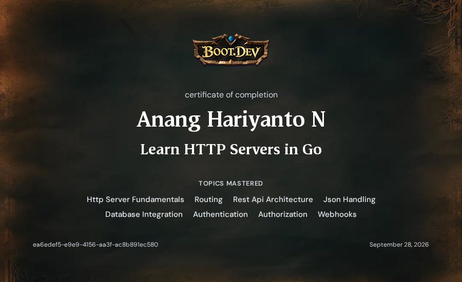 Anang Hariyanto N's Boot.dev Learn HTTP Servers in Go certificate