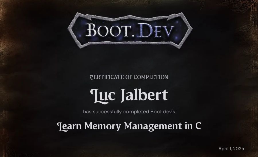 Luc Jalbert's Boot.dev Learn Memory Management in C certificate