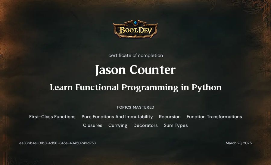 Jason Counter's Boot.dev Learn Functional Programming in Python certificate