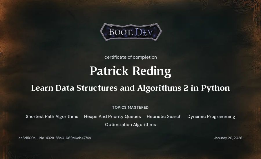 Patrick Reding's Boot.dev Learn Data Structures and Algorithms 2 in Python certificate