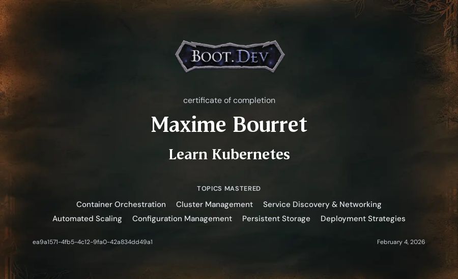 Maxime Bourret's Boot.dev Learn Kubernetes certificate