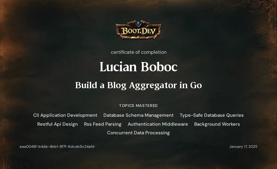 Lucian Boboc's Boot.dev Build a Blog Aggregator in Go certificate