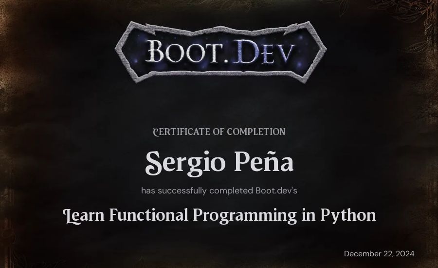 Sergio Peña's Boot.dev Learn Functional Programming in Python certificate