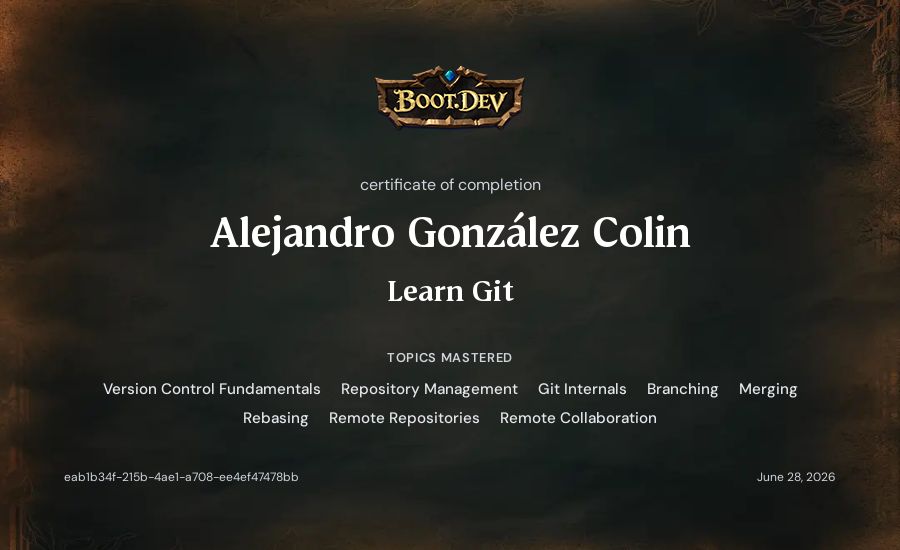 Alejandro González Colin's Boot.dev Learn Git certificate
