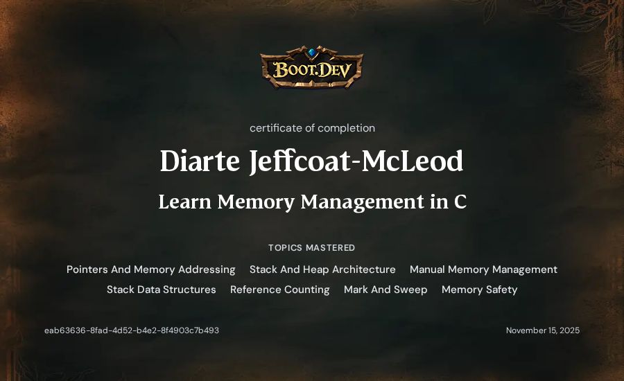 Diarte Jeffcoat-McLeod's Boot.dev Learn Memory Management in C certificate