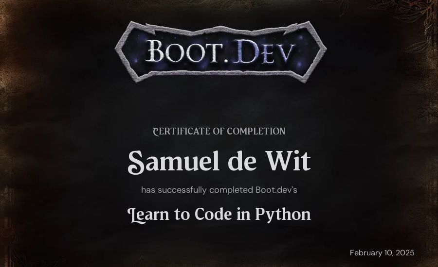 Samuel de Wit's Boot.dev Introduction to Python Course certificate