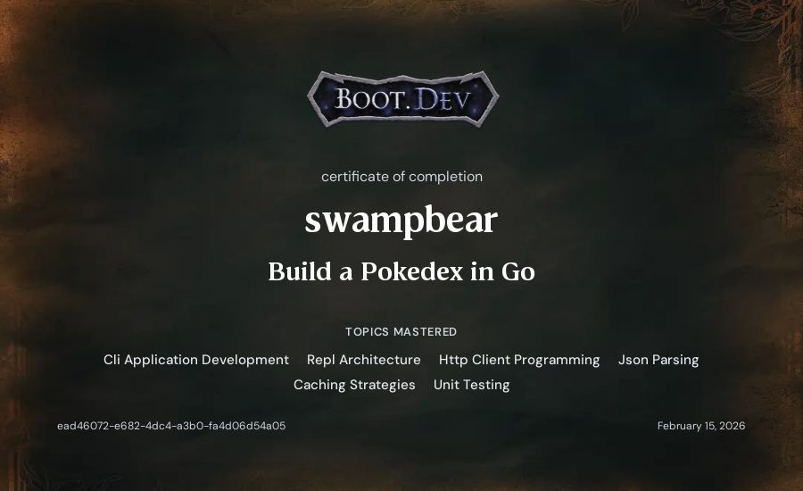 swampbear's Boot.dev Build a Pokedex in Go certificate