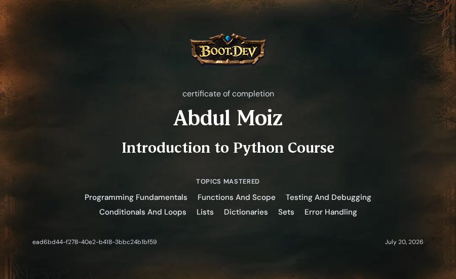 Abdul Moiz's Boot.dev Introduction to Python Course certificate