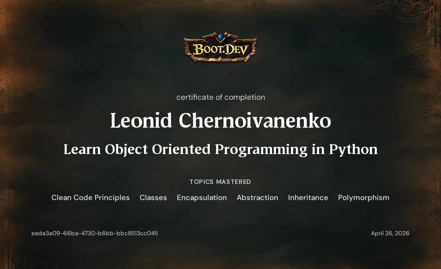 Leonid Chernoivanenko's Boot.dev Learn Object Oriented Programming in Python certificate