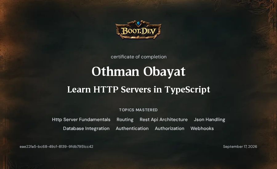 Othman Obayat's Boot.dev Learn HTTP Servers in TypeScript certificate