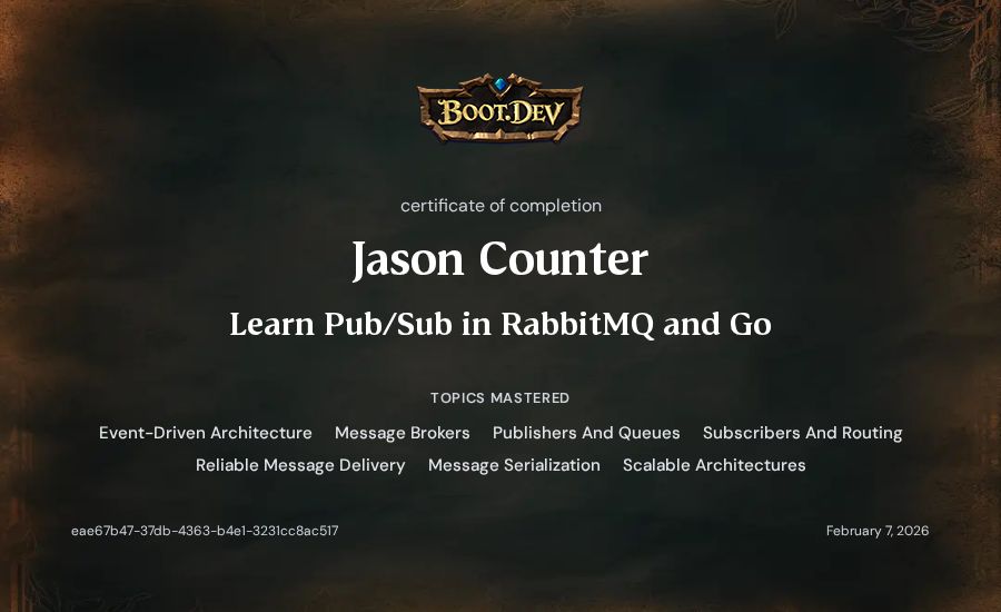 Jason Counter's Boot.dev Learn Pub/Sub in RabbitMQ and Go certificate