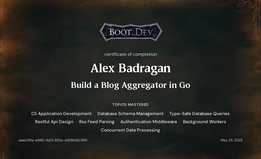 Alex Badragan's Boot.dev Build a Blog Aggregator in Go certificate