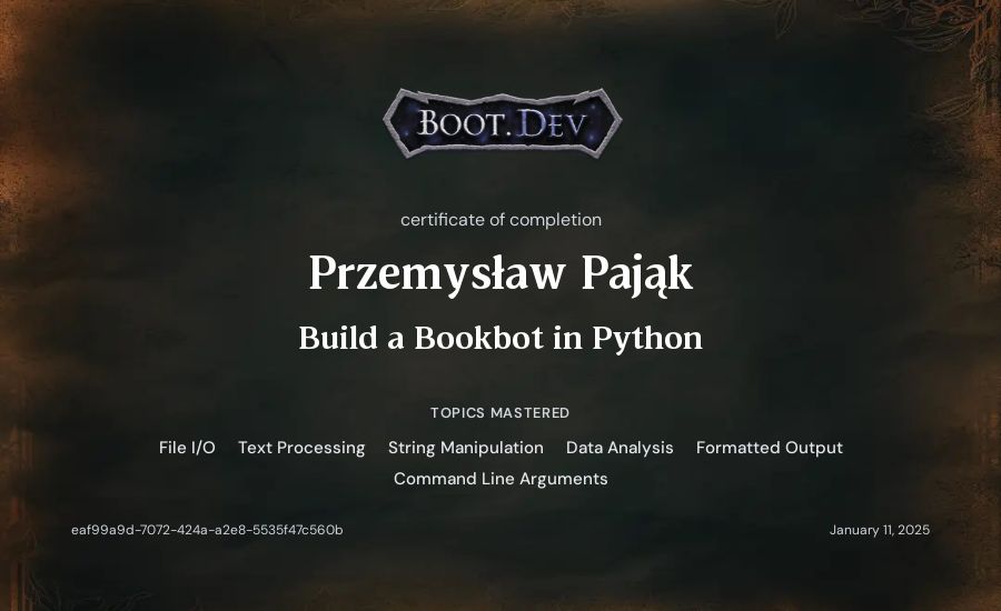 Przemysław Pająk's Boot.dev Build a BookBot in Python certificate