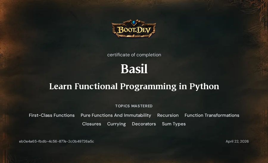 Basil's Boot.dev Learn Functional Programming in Python certificate