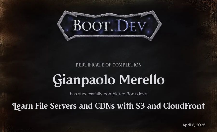 Gianpaolo Merello's Boot.dev Learn File Servers and CDNs with S3 and CloudFront certificate