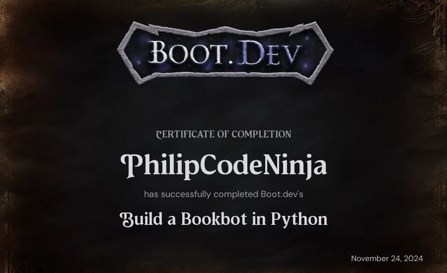 PhilipCodeNinja's Boot.dev Build a BookBot in Python certificate