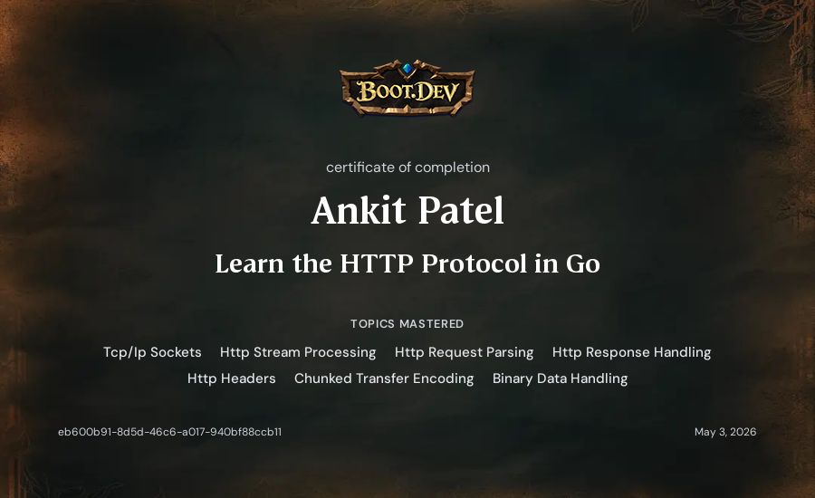Ankit Patel's Boot.dev Learn the HTTP Protocol in Go certificate