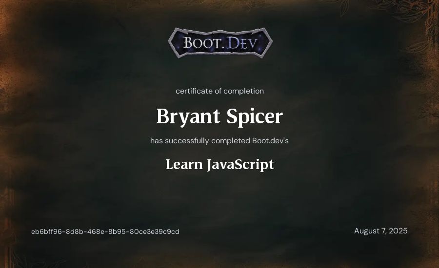 Bryant Spicer's Boot.dev Learn JavaScript certificate