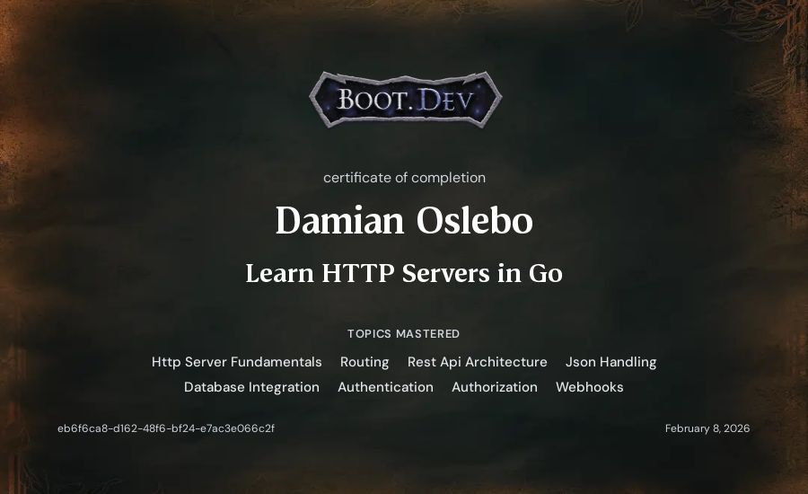 Damian Oslebo's Boot.dev Learn HTTP Servers in Go certificate